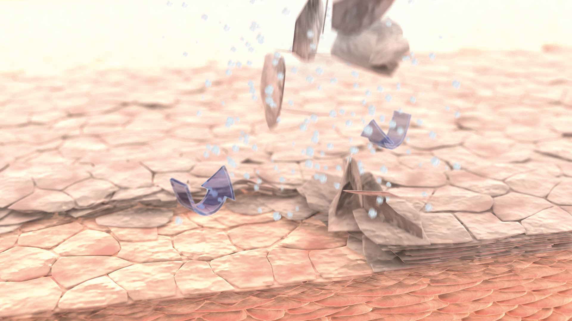 Schematische Darstellung der Hauterneuerung: Abgestorbene Hautzellen lösen sich von der oberen Hautschicht, während darunter neue Hautzellen nach oben wandern; Pfeile und Partikel symbolisieren den Erneuerungsprozess