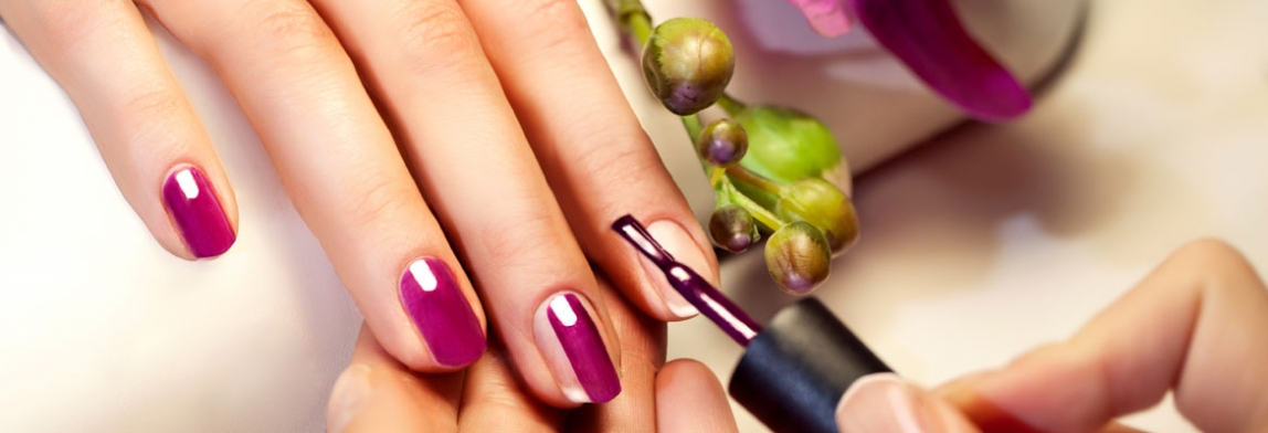 Manikürebehandlung: Eine Hand mit gepflegten Nägeln wird mit violettem Nagellack lackiert; ein Pinsel trägt den Lack gleichmäßig auf